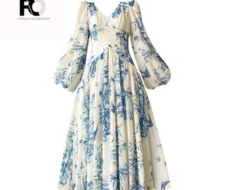 vestido midi, vestido de hadas floral, vestido de otoño de las mujeres, vestido de manga larga, vestido vintage, vestido de fiesta de graduación, vestido elegante, vestido de verano