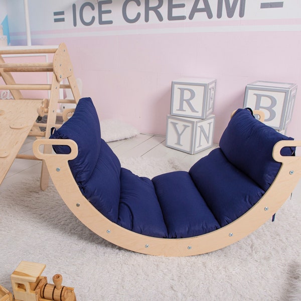 Wood Montessori Climber, Arch Rocker Pillow, Wippe holz, Kletterbrett, Kletterdreieck, Kletterbogen mit Kissen, Kletterbogen mit rutsche