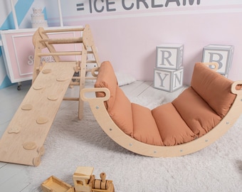 Houten Montessori Baby Climber Arch met kussen, klimboog peuter Rocker Arch kussenset, Kletterset, Kletterdreieck, Kletterbogen