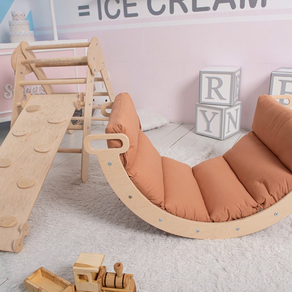 Wood Montessori Baby Climber Arch with Pillow, Climbing Arch Toddler Rocker Arch Pillow Set, Kletterset, Kletterdreieck, Kletterbogen