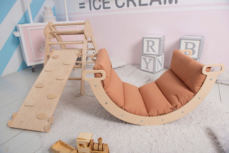 Wood Montessori Baby Climber Arch with Pillow, Climbing Arch Toddler Rocker Arch Pillow Set, Kletterset, Kletterdreieck, Kletterbogen image 1