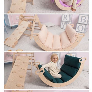 Wood Montessori Baby Climber Arch with Pillow, Climbing Arch Toddler Rocker Arch Pillow Set, Kletterset, Kletterdreieck, Kletterbogen image 3