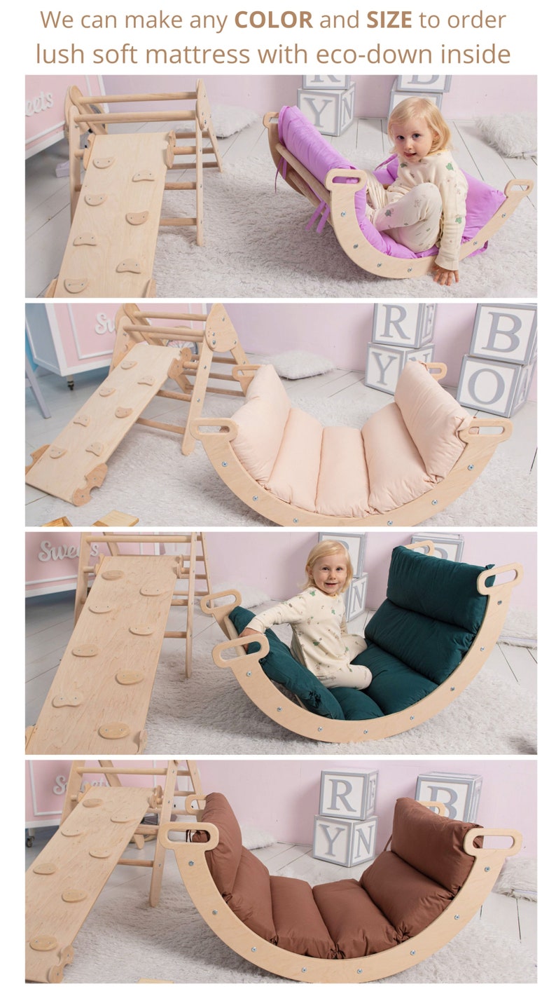 Wood Montessori Baby Climber Arch with Pillow, Climbing Arch Toddler Rocker Arch Pillow Set, Kletterset, Kletterdreieck, Kletterbogen image 3