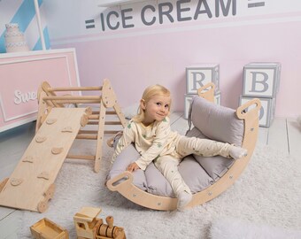 wood Kids toys, Indoor gym for kids with wooden slide, Montessori  gym, Kids climber, Climbing triangle Montessori climbing set, arch pillow
