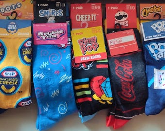 Novelty socks, candy socks, soda socks, food socks, chips socks, cereal socks brand socks