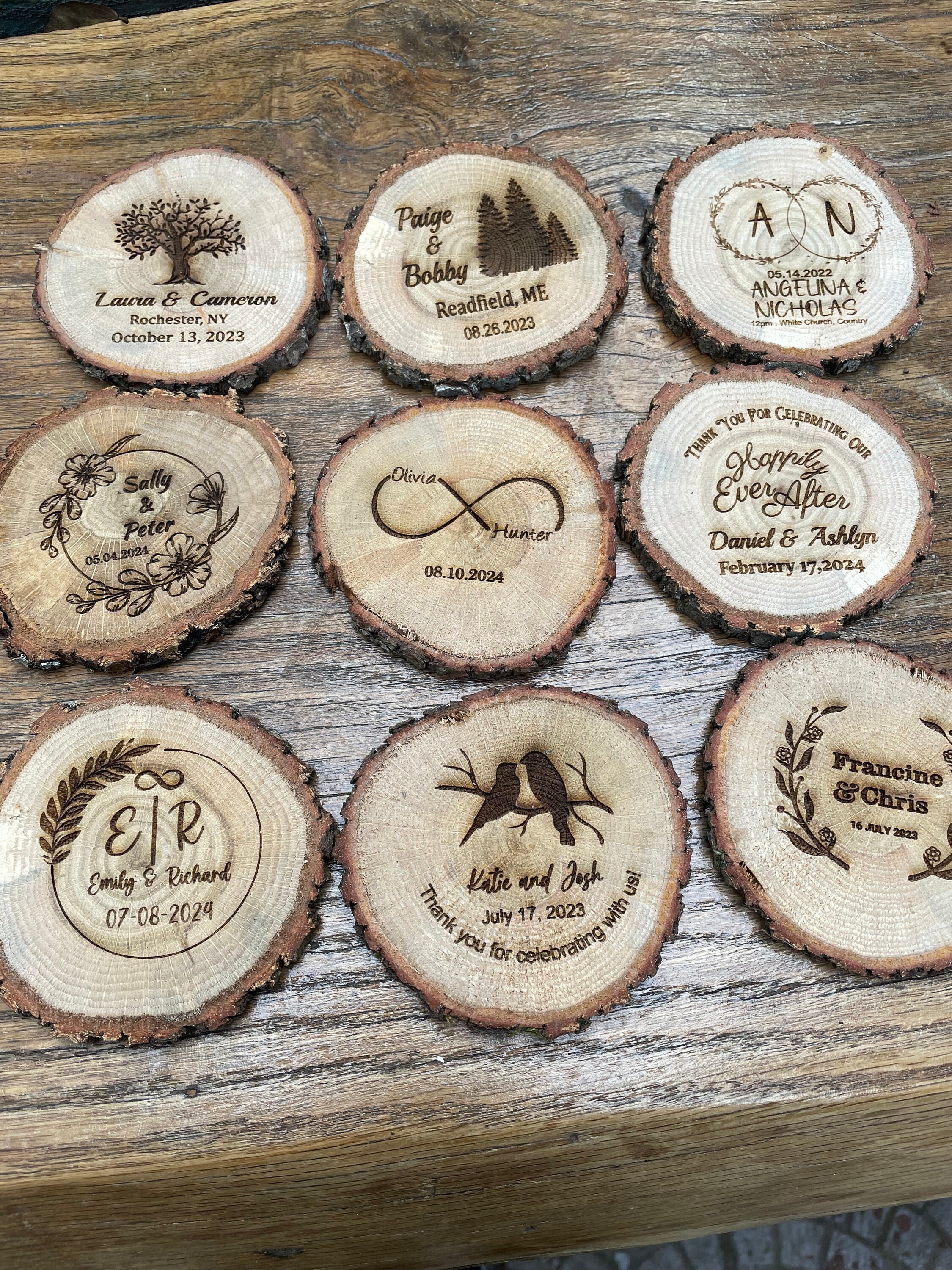 Wedding Coaster Favors for Guests in Bulk, Personalized Wooden Coasters