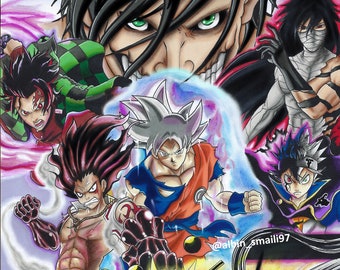 May include: A colorful illustration of popular anime characters, including Goku, Naruto, Luffy, and Deku. The characters are drawn in a dynamic pose, with their signature powers and abilities on display. The artwork is vibrant and detailed, showcasing the artist's skill and passion for anime.