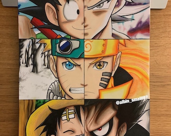 May include: A digital drawing of four popular anime characters, Goku, Naruto, Luffy, and Ichigo, with their faces split in half. The drawing is done in black and white with colored accents.