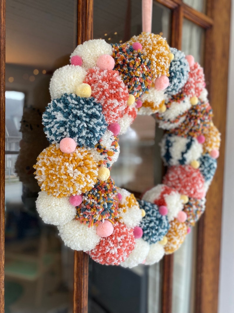 Easter Pompom Wreath Modern Wreath Door Wreath Front Porch Decor Front Door Wreath Unique Decor Home Decor Spring Wreath Easter Decor image 7