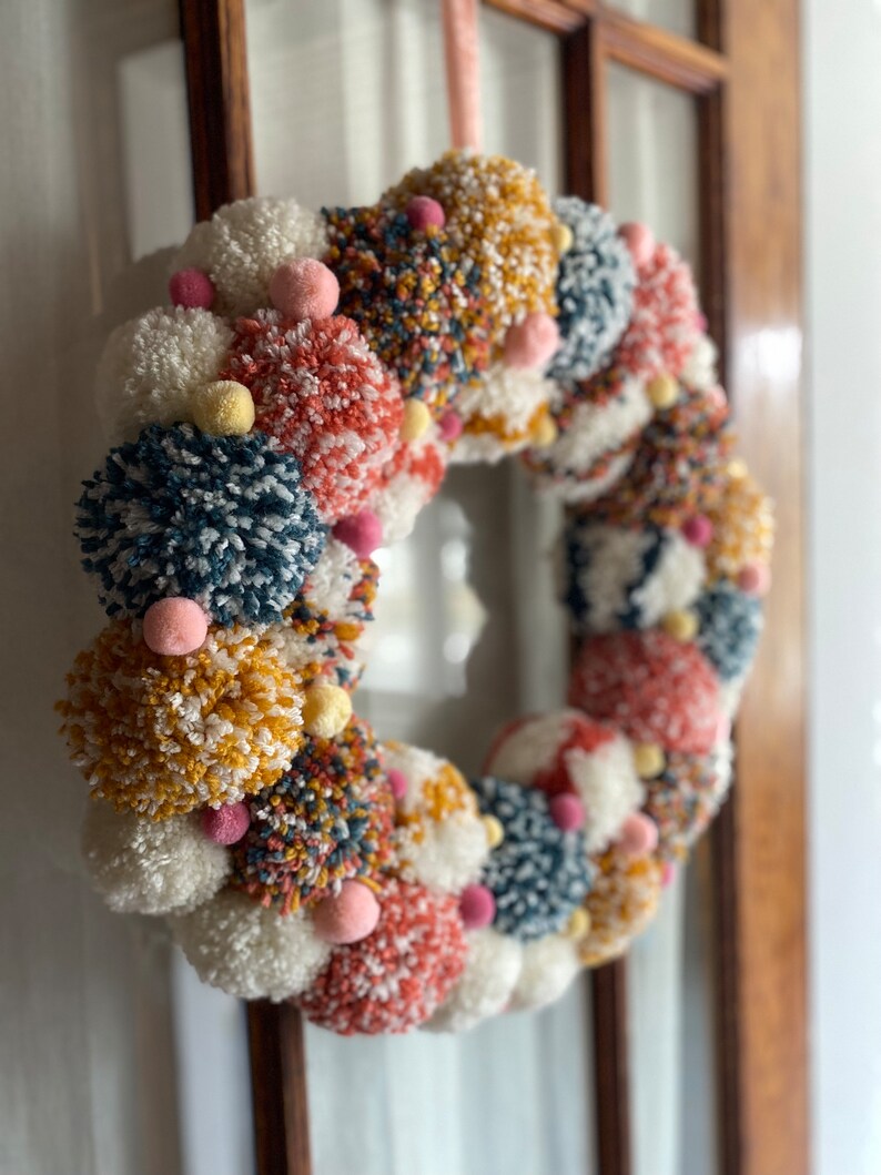 Easter Pompom Wreath Modern Wreath Door Wreath Front Porch Decor Front Door Wreath Unique Decor Home Decor Spring Wreath Easter Decor image 2