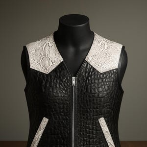 May include: Black leather vest with a reptile-like texture, featuring a white and gray snakeskin pattern on the shoulders and pocket accents. The vest has a silver zipper closure and is displayed on a black mannequin.