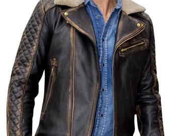 Mens Waxed Black Leather Motorbike Jacket: Quilted Shoulders, Fur Collar