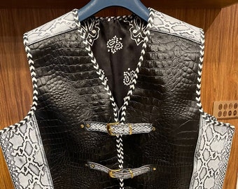 Mens Handmade Crocodile and Snake Embossed Leather Vest Black and White Braided Golden Buckle Vest Black and White Side laced Vest