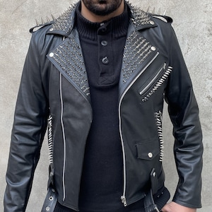 Herren Brando Schwarze Lederjacke: Silber Spiked Punk Style