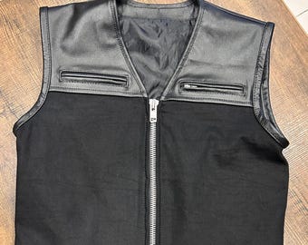 Mens Motorcycle Vest: Black Leather & Denim Biker Vest
