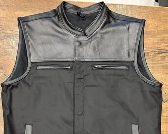 Mens Biker Leather Vest: Black Canvas, Cowhide, Rider Club Style