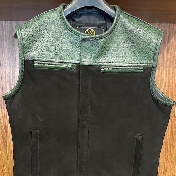 Mens Motorcycle Motorbike Snake Embossed Green Waxed Black Canvas Biker Style Leather Vest, Gift for Him