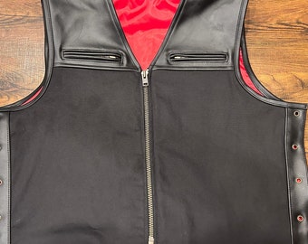 Mens Cowhide Leather & Canvas Motorcycle Vest: Biker Rider Style