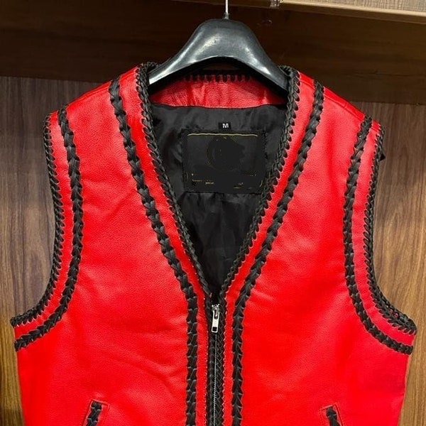 Mens Motorcycle Motorbike Red Color Cow Hide Black Braided Leather Vest Biker style Club Style Leather Vest Gift for him