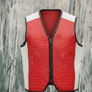 May include: A red, crocodile-textured vest with white side panels and black trim. It features a full-length black zip and a V-neck design. The text "LeatherBarrowNY" is visible at the bottom of the image.