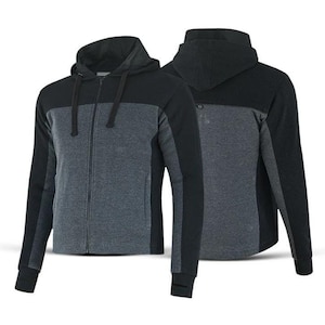 May include: A black and gray hooded sweatshirt with a zipper closure. The sweatshirt has a black hood and black panels on the sleeves and sides.