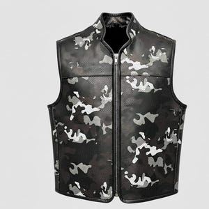 Perforierte schwarze Leder Motorradweste für Herren: Camouflage Print Biker Style