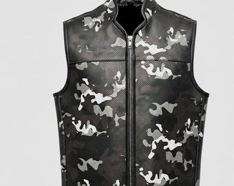 Mens Perforated Black Leather Motorcycle Vest: Camouflage Print Biker Style
