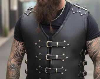Mens Thick Black Leather Motorcycle Vest: Silver Buckle Biker Vest