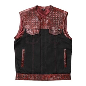 Mens Motorcycle Crocodile Embossed Waxed Leather Black Canvas Biker Style Genuine Leather Vest