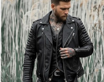 Chaqueta de cuero negra para hombre estilo motero con hombros acolchados / Chaqueta de motociclista estilo motociclista