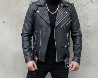 スタッズ付きブラックライダースジャケット 本革 ブラック パンク パンクファッション スタッズ付きライダースジャケット アウター