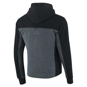 May include: A black and gray hooded sweatshirt with a zipper closure. The sweatshirt has a contrasting color panel on the chest and sleeves.