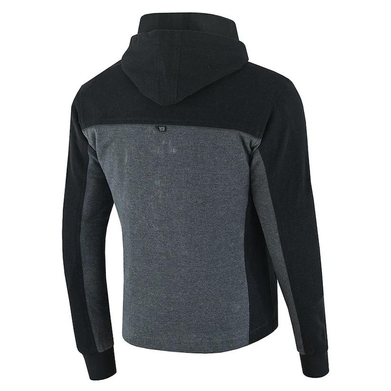 May include: A black and gray hooded sweatshirt with a zipper closure. The sweatshirt has a contrasting color panel on the chest and sleeves.