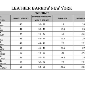 May include: Size chart for leather jackets, showing jacket chest size in inches, suitable chest size for the person wearing the jacket, shoulder width in inches, and sleeve length in inches.