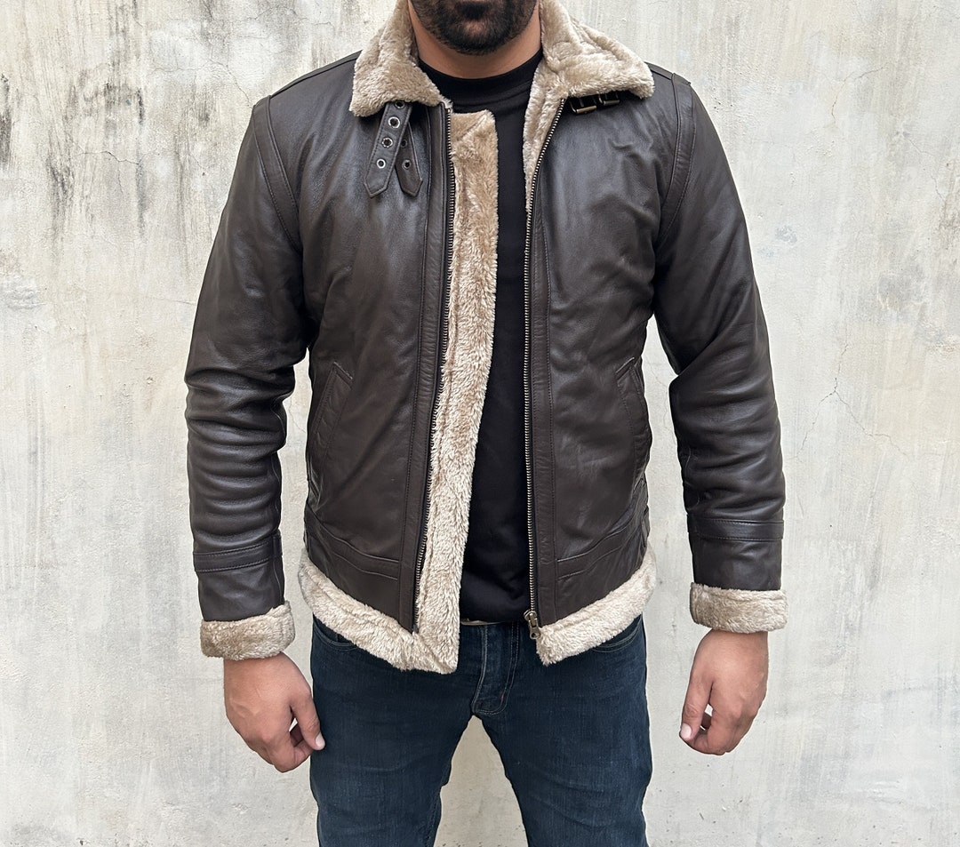 Men's Chocolate Brown Leather Biker Jacket With Shearling Fur