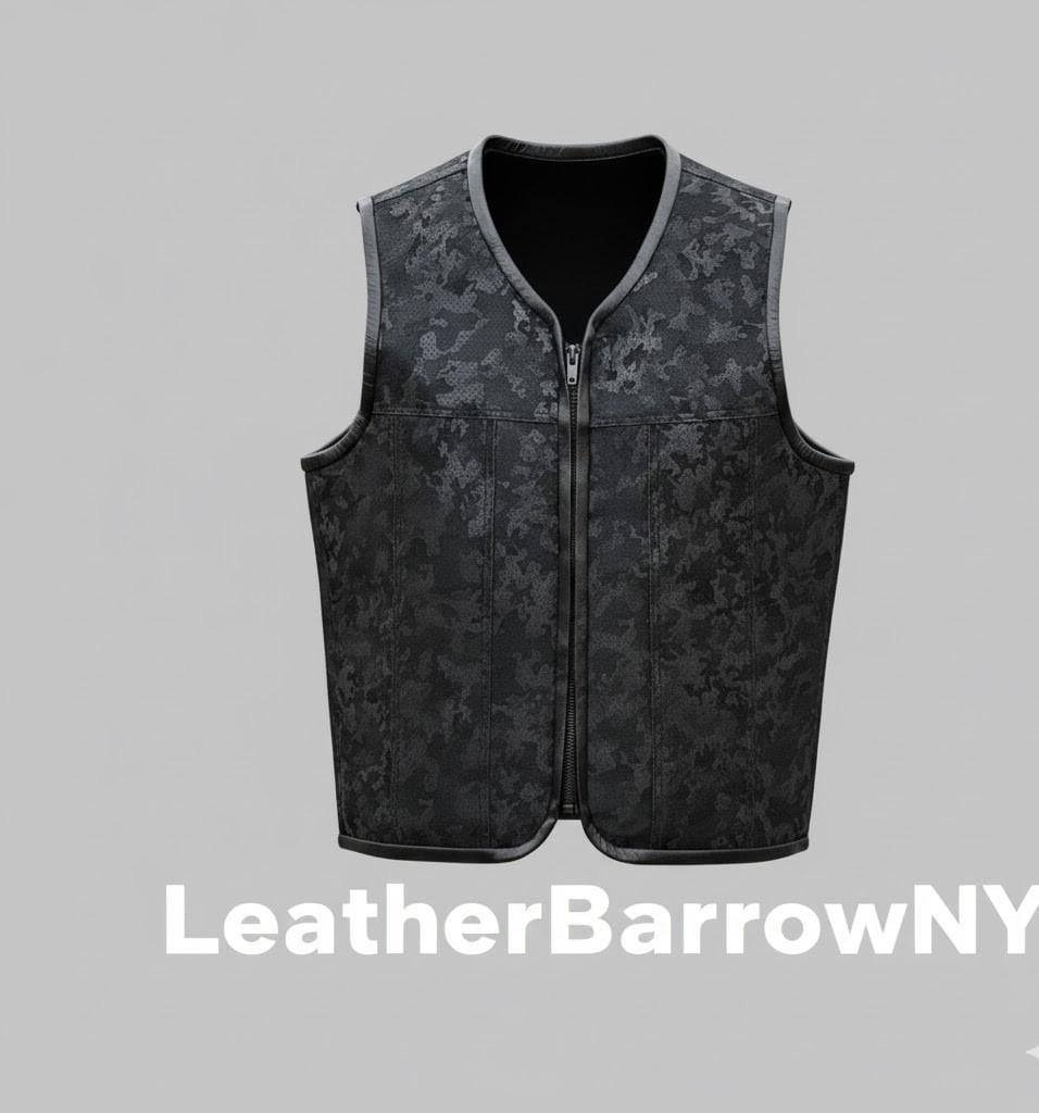 Mens Camouflage Motorcycle Vest: Black PU Leather Biker Vest
