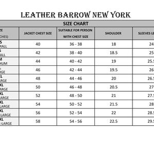 Puede incluir: Tabla de tallas de Leather Barrow New York, que detalla las tallas de pecho de la chaqueta, las tallas de pecho adecuadas, las medidas de los hombros y la longitud de las mangas en pulgadas. Tallas de XS a 6XL.