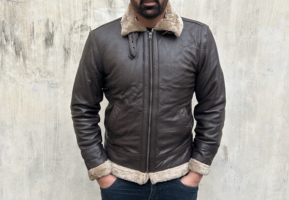 LeatherBarrowNewYork Men Biker Style Shearling Fur Leather Jacket Casual Wear Club Style Chocolate Brown Aviator Leather Jacket Winter Jacket Biker Jacket