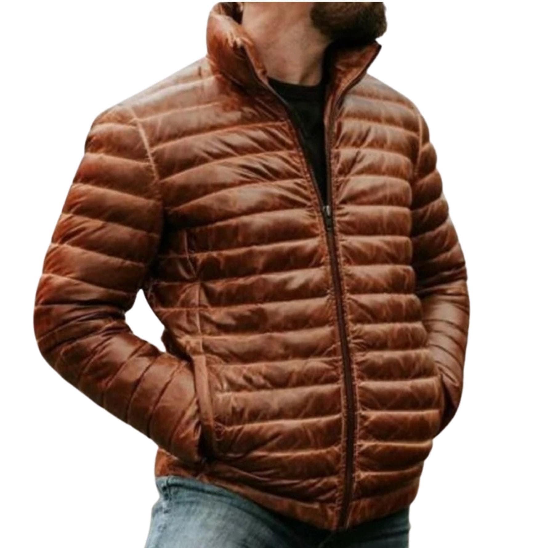 Veste En Cuir De Mouton Matelassée Homme - Style Motard - Taille Regular - Noir