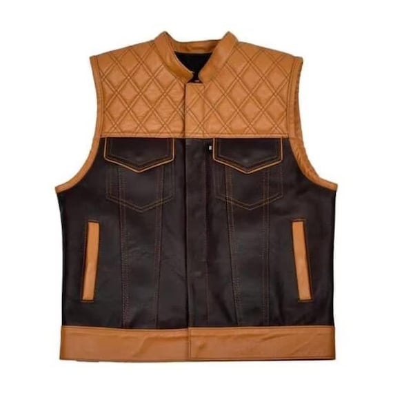 Mens Biker Vest: Genuine Leather & Black Canvas - Hunt Club Style