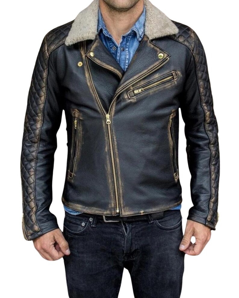Mens Waxed Black Leather Motorbike Jacket: Quilted Shoulders, Fur Collar image 5