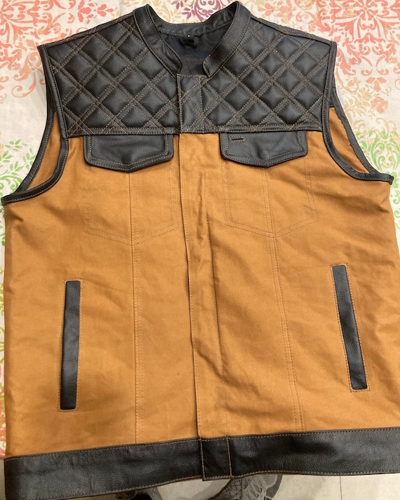 Mens Biker Vest: Cowhide Leather & Canvas, Diamond Cut