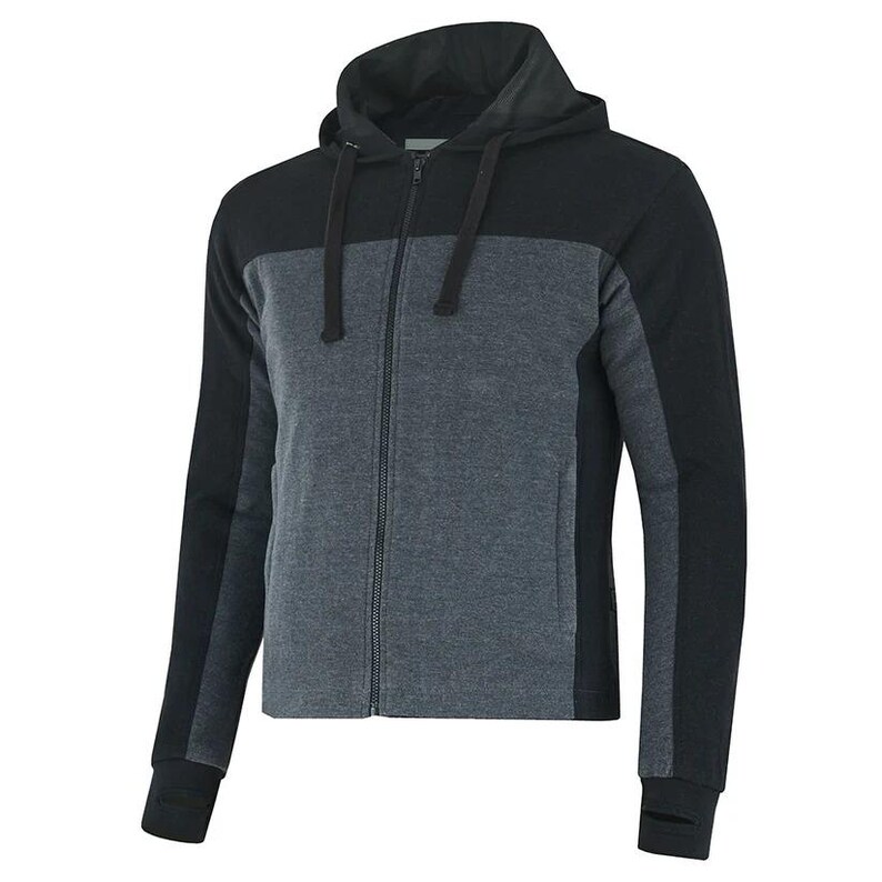 May include: A black and gray hooded sweatshirt with a zipper closure. The sweatshirt has a color block design with black sleeves and a gray body.