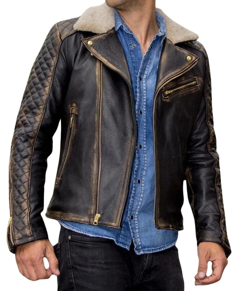 Mens Waxed Black Leather Motorbike Jacket: Quilted Shoulders, Fur Collar image 1