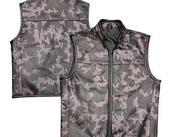 Mens Camo Print Leather Motorcycle Vest: Perforated Rider Vest
