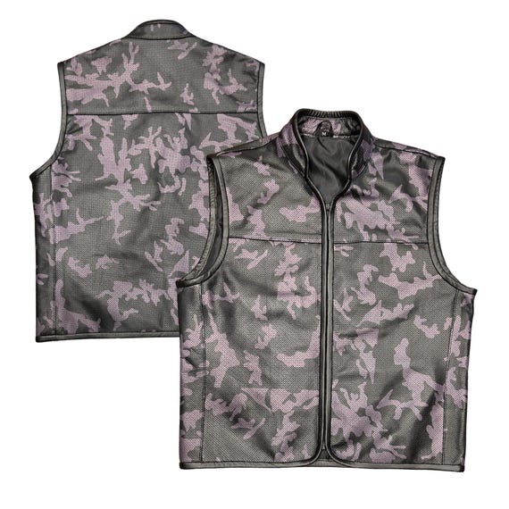 Mens Camo Print Leather Motorcycle Vest: Perforated Rider
