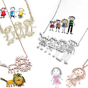 Custom Drawing Necklace, Children Artwork Necklace, Personalized Kids Doodle Necklace, Child Art Memorial Gift for Mother Grandma