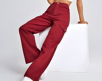 Pantalon large Femme | Jean taille haute | Pantalon cargo vintage | Jeans en denim pour femmes | Pantalon bordeaux | Jean streetwear tendance | Offrez-lui