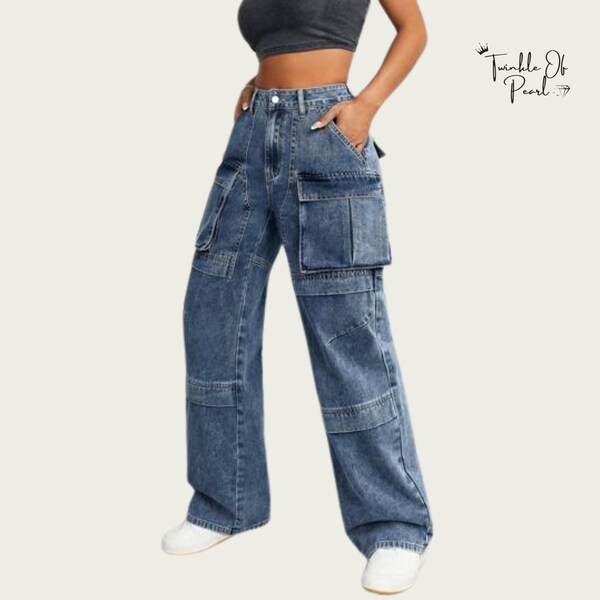 Relaxed Fit Cargo Pants | Stylish Vintage Straight Leg Jeans for Women | High Waisted Pants | Womens Cargo Denim Jeans With Multiple Pockets