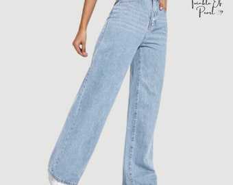 Jean large taille haute | Jean en denim pour femme avec poche | Jean bleu coupe décontractée | Pantalon en jean tendance | Jambes larges élégantes | Cadeau pour lui